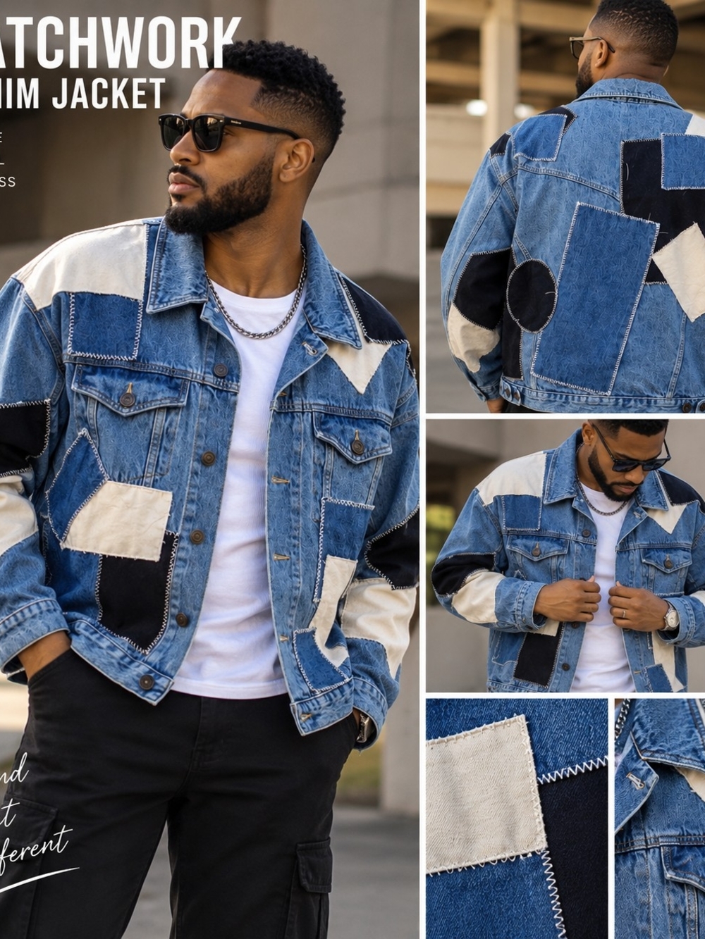 BDG Patchwork Denim Jacket in Blue, Black & Cream
